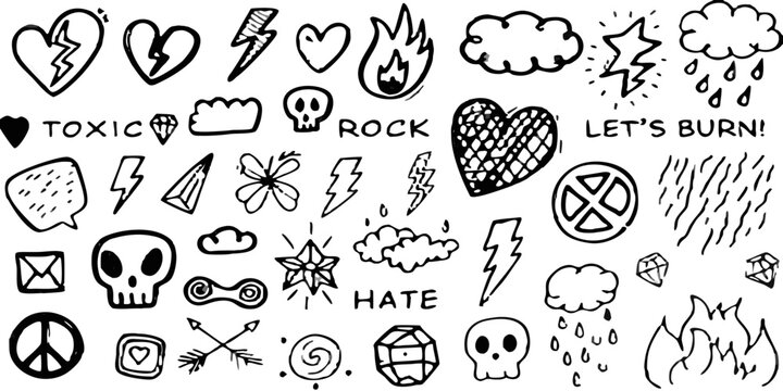 punk rock doodle sheet black silhouettes on black background
