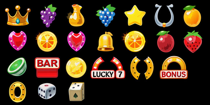 Casino slot machine symbols glossy 3d style icons on black