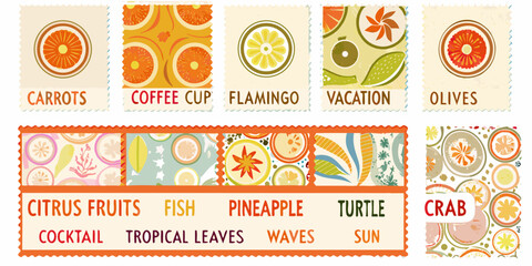 Vintage style postage stamps collection with fruit animal and travel themes © Ajay
