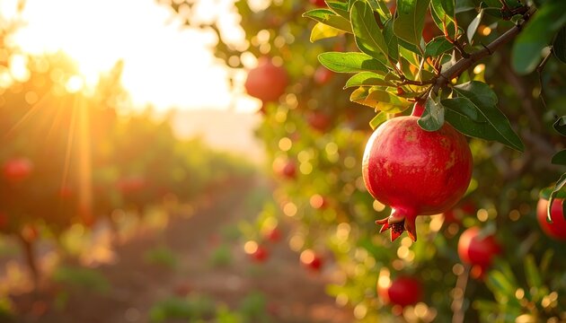 Manzanas rojas maduras en un &aacute;rbol frutal con luz dorada del sol en un huerto natural al atardecer