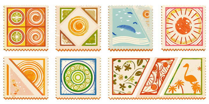 collection of vintage style postage stamps colorful geometric patterns