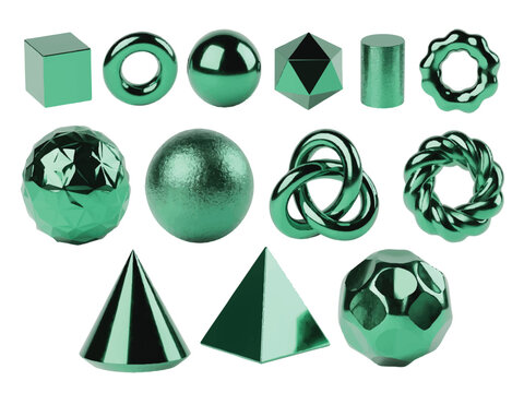Collection of green metallic 3D geometric shapes  cubes spheres cones cylinders and tori in various styles and textures on white background