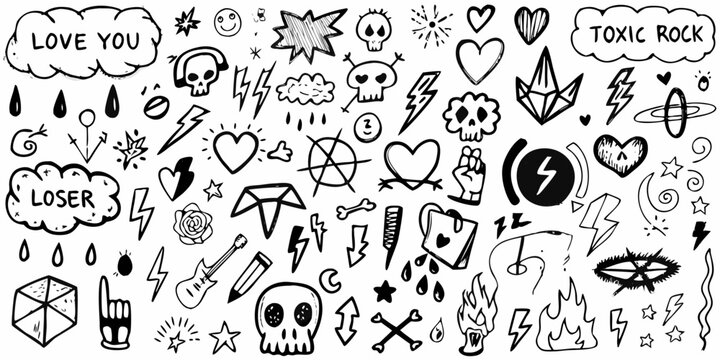 punk rock graffiti doodles and symbols black and white illustration