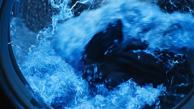 Dark laundry spinning inside a washing machine drum. Household clothes cleaning process with foaming water and swirling cycle. Home appliance daily routine works.