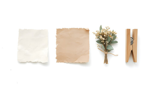 minimalist, flat-lay composition featuring four distinct objects arranged horizontally against a white background. From left to right, the first object is a piece of textured, off-white paper with irr