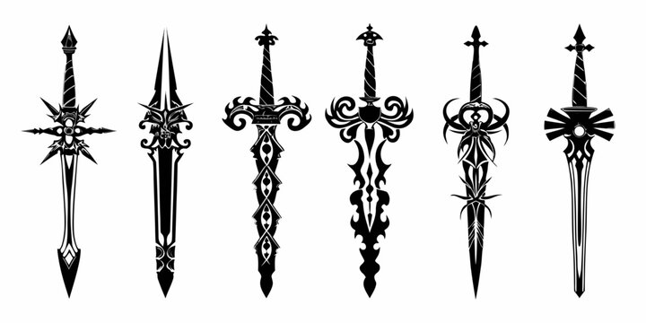 Seven fantasy sword silhouettes on a white background