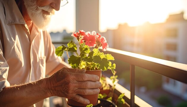 Persona cuidando una planta con flores rojas en una maceta sobre un balc&oacute;n iluminado por la luz c&aacute;lida del atardecer