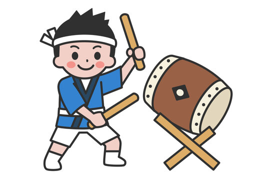 お祭りの法被を着た太鼓を演奏する男性