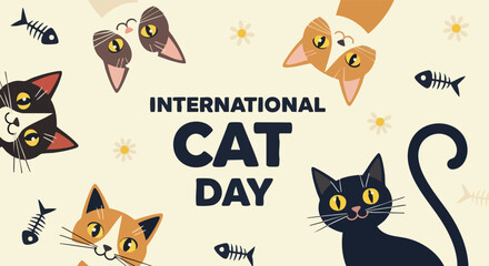 International Cat Day. Cute Cartoon Cat Illustration. Playful Flat Design Banner. Pet Celebration. © khafid