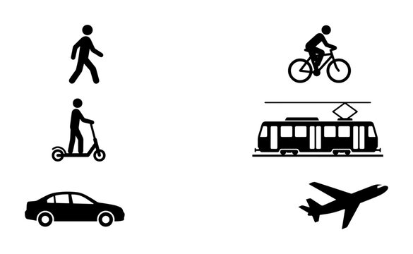 Set of 6 transportation icons vector: pedestrian, cyclist, scooter, car, tram, airplane