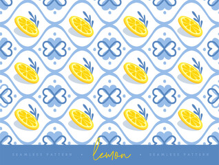 Obraz premium Italy summer seamless pattern with lemon slice, rosemary and geometric elements. Italian tile background. Restaurant menu design. Vector illustration