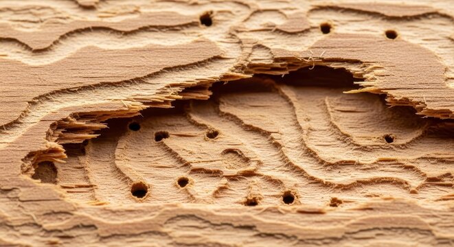 Close up of heavily damaged lumber showing tunnels and exit holes caused by wood-boring pests like beetles, weevils, or subterranean termites, construction, hole, tunnels