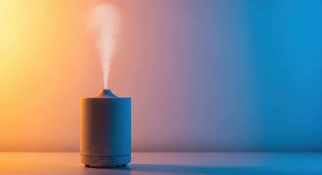 Elegant close-up of fragrant white mist rising softly from a minimalist electric diffuser, enhancing the tranquil home atmosphere, bath, purity, air