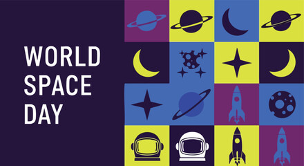 World Space Day banner. Flat design space icons grid. Astronomy celebration graphic. © khafid