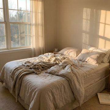 Cozy unmade bed in a sunlit bedroom with soft morning light