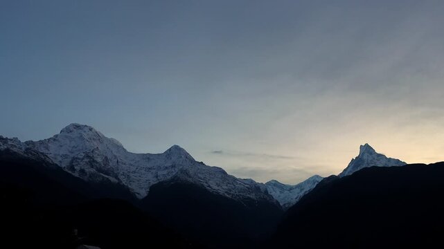 Panoramic Sunrise View of Machhapuchhre Fishtail Mountain and Himalayan Range from Ghandruk Village Nepal