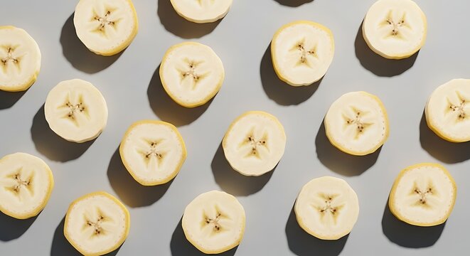 Fresh banana slices arranged in pattern on gray surface.