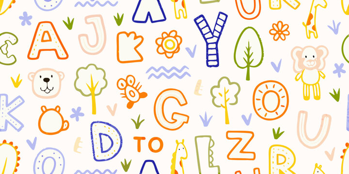 Colorful alphabet pattern with playful illustrations and whimsical doodles