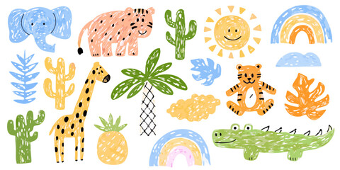Children s illustration set with animals plants and rainbow on black background © Dipa