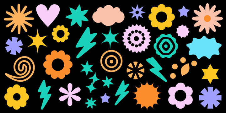 Retro pop art shapes and floral elements colorful pattern on black