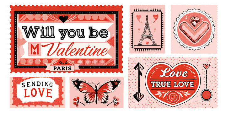 Vintage valentine stamps with romantic designs and red color scheme