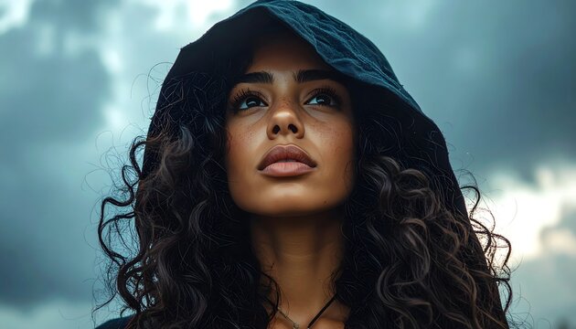 Retrato de mujer con capucha bajo cielo nublado y expresi&oacute;n serena en ambiente exterior dram&aacute;tico