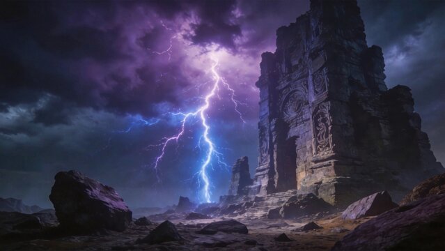 Ancient ruins under stormy sky
