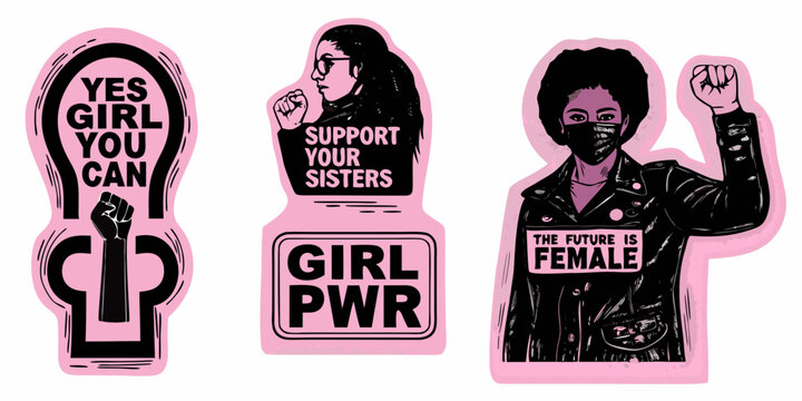 Feminist sticker set vector illustrations with empowering slogans and pink accents