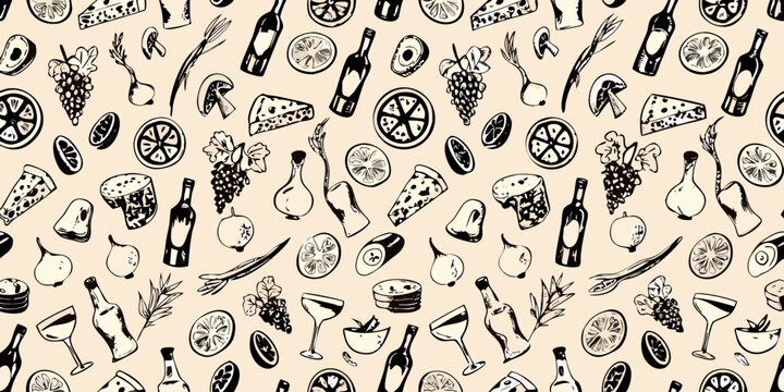 seamless vector pattern of hand drawn italian food and wine