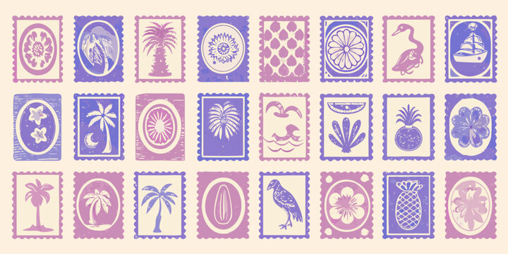Retro summer postage stamps collection vector illustration with floral and tropical motifs