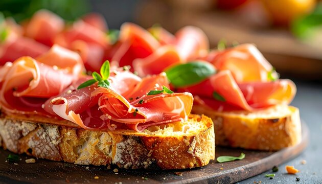 Tostas gourmet con tomate fresco y lonchas de jam&oacute;n curado sobre pan crujiente en composici&oacute;n gastron&oacute;mica mediterr&aacute;nea