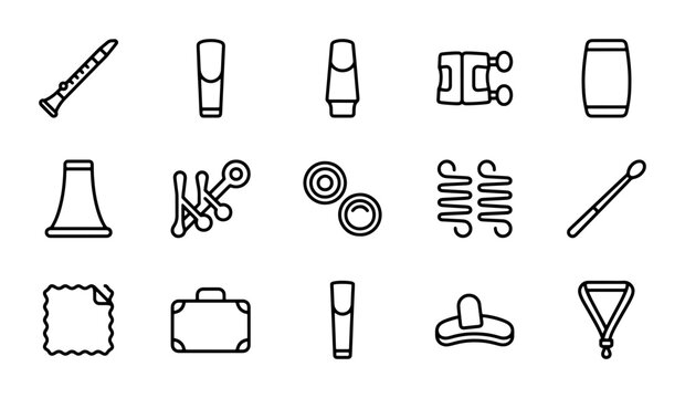 Musical Instrument Accessories Vector Icons Set, Woodwind and Percussion Parts, Clean Line Art Graphics