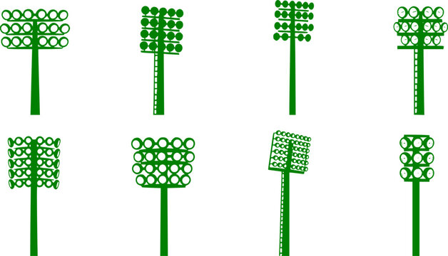 Transparent PNG available Stadium light pole silhouette set, floodlight vector illustration, sports field illumination design, outdoor arena lighting system, electricity infrastructure drawing, engine