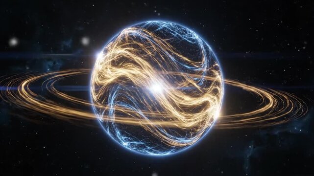 Abstract futuristic glowing sphere with energy lines and rings in dark space, digital visualization