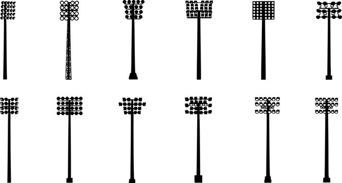 Transparent PNG available Stadium light pole silhouette set, floodlight vector illustration, sports field illumination design, outdoor arena lighting system, electricity infrastructure drawing, engine