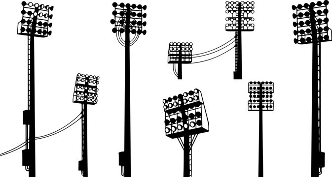 Transparent PNG available Stadium light pole silhouette set, floodlight vector illustration, sports field illumination design, outdoor arena lighting system, electricity infrastructure drawing, engine