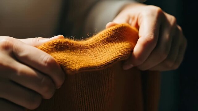 Close up of hands holding knitted fabric in warm tones
