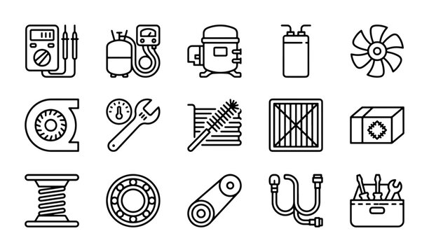 HVAC Repair Icons Set, Air Conditioning Tools Vector Graphics, Cooling System Maintenance Equipment