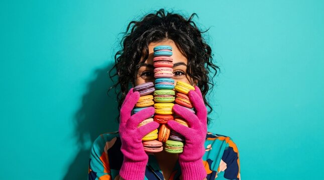 Person with curly hair wears bright pink gloves while holding a vertical stack of colorful French macarons over their face against a solid turquoise blue background to create a whimsical portrait.