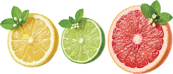 Fresh Citrus Fruit Slices with Mint Leaves – Lemon, Lime, and Grapefruit Vector Illustration for Healthy Lifestyle, Food, and Drink Designs © Sultana