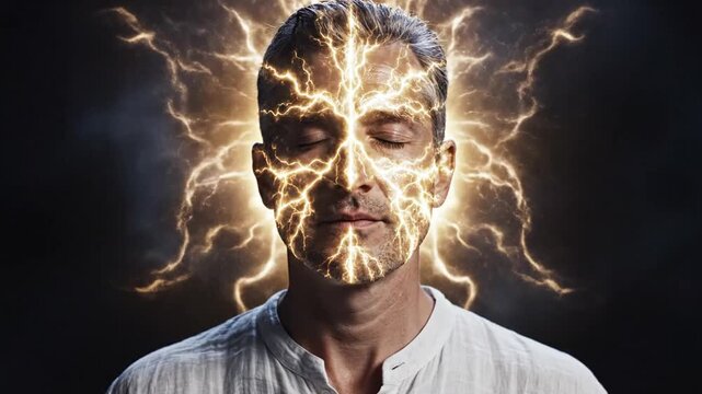 Man meditating with energy field visualizing innovation creativity
