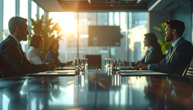 Reuni&oacute;n de negocios en sala corporativa con profesionales sentados alrededor de una mesa y luz c&aacute;lida de fondo