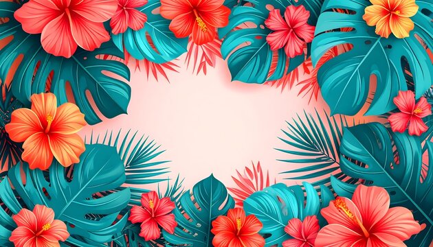 Marco tropical con flores rojas y hojas verdes sobre fondo claro con espacio central para texto