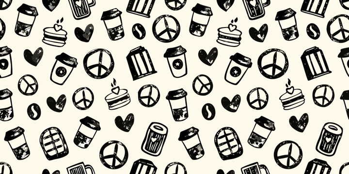 Coffee themed doodle pattern with peace signs and hearts