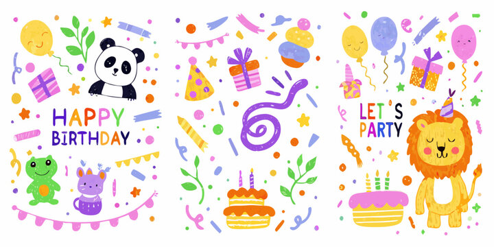 watercolor birthday party illustrations with cute animal characters