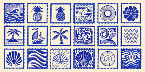 Nautical themed vector illustrations in blue stamp style © ShibuProsad