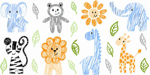children s safari animal illustrations with leaves colorful doodle style © ShibuProsad