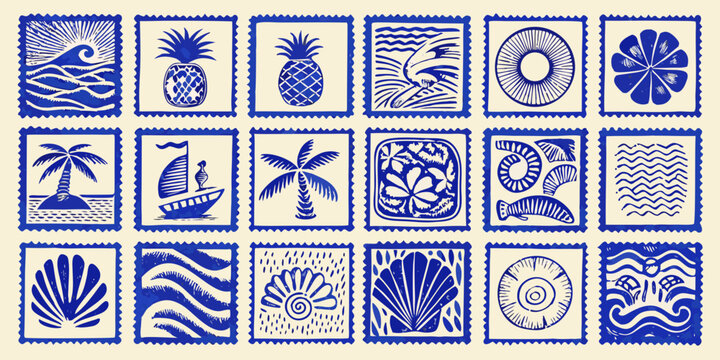 Nautical themed vector illustrations in blue stamp style