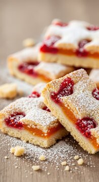 Delicious close-up image of rich, buttery shortbread bars topped with a sweet fruit filling, dusted lightly with powdered sugar on a wooden surface, fresh, shortbread, table