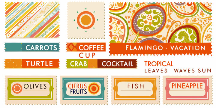 Vintage style postage stamps with fruit animal and drink illustrations